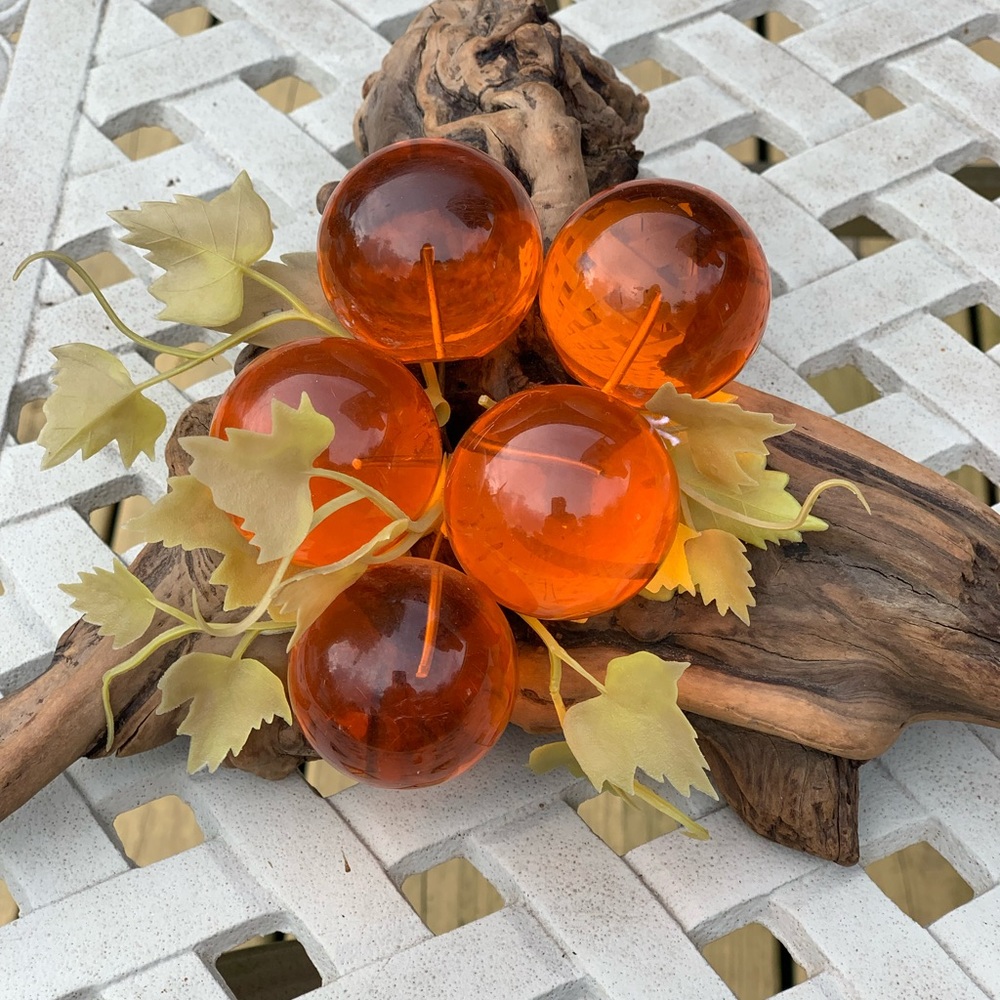 5 Amber lucite grapes on driftwood